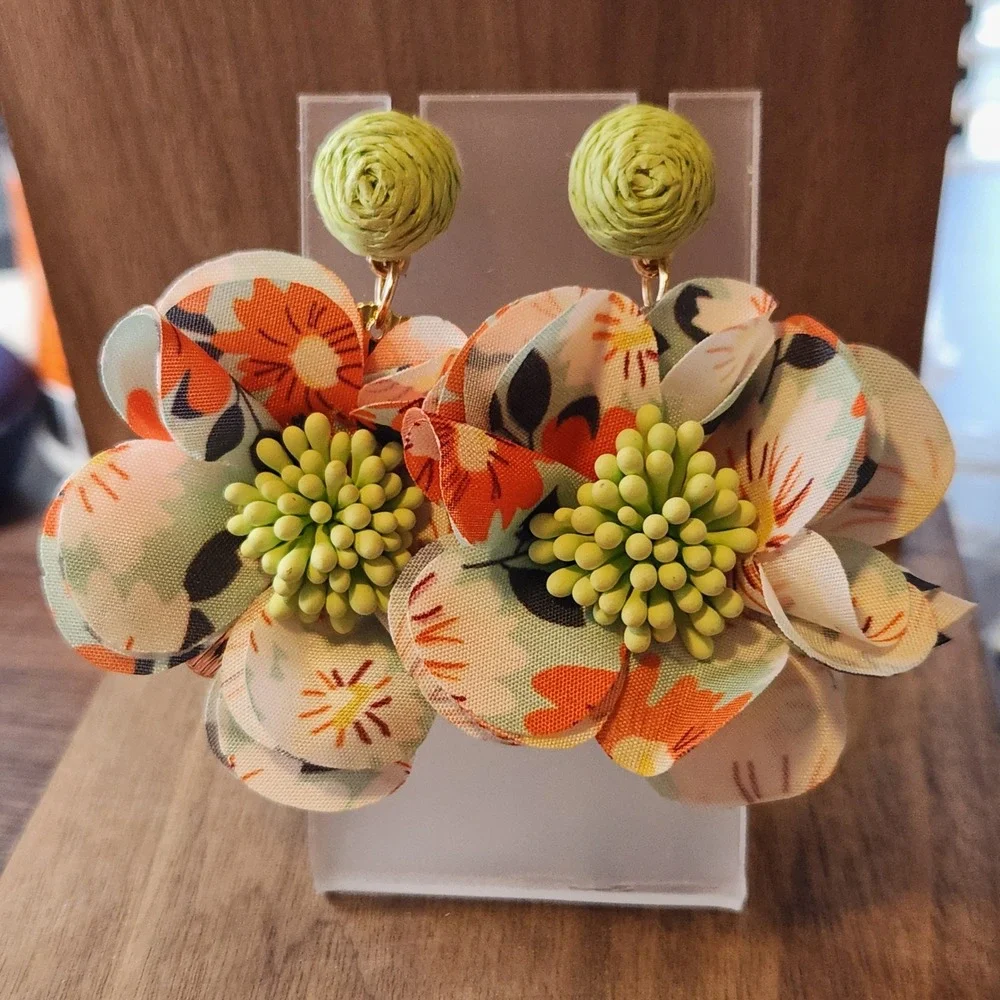 Floral Statement Drop Earrings Lime Green Orange Fabric Flower‎ Raffia Post Back